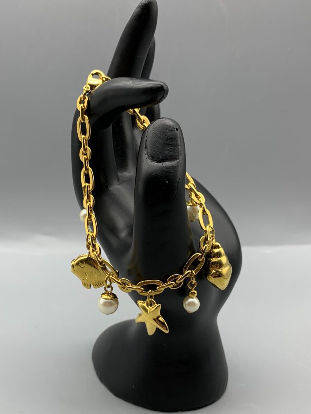 Beautiful Gold-Tone Bracelet with Pearl-like Beads and Sealife Charms